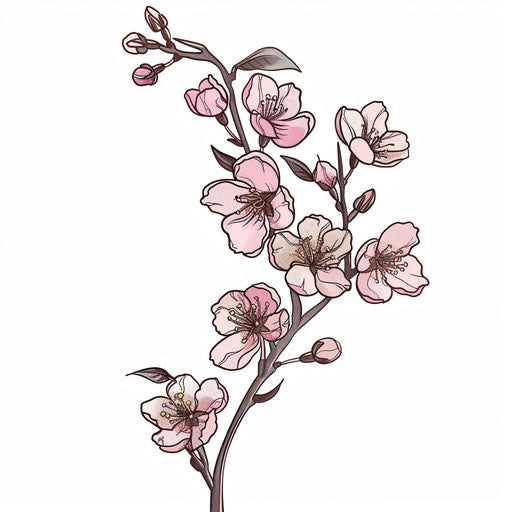 Flat tattoo sketch clipart style of a delicate cherry blossom branch
