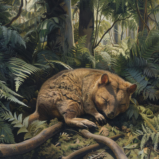 A quokka napping in the shade of a giant fern