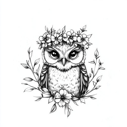 Chest tattoo owl with floral crown flat sketch