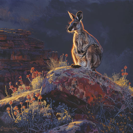 Dawn on rocky escarpment: Black-flanked Wallaby amidst flora