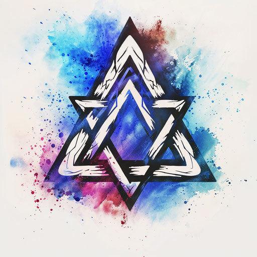 Minimalist clipart tattoo sketch of a Valknut symbol with watercolor background