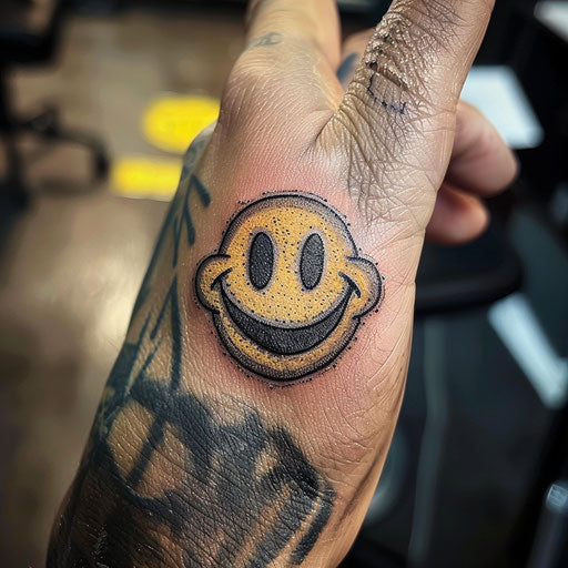 Simple tattoo of a smiling face, in the style of Glenn Fabry, on the finger