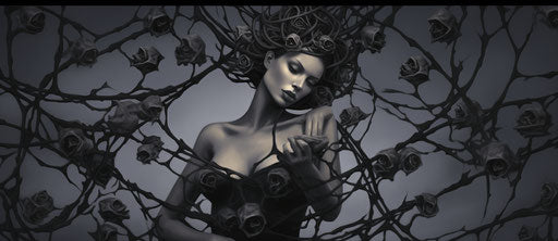 Black and white rose tattoo pattern, twisted branches style