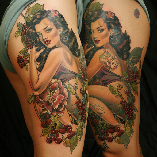Classic pin-up girl cover up tattoo in the style of Ed Hardy