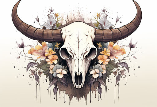 Bull skull with flower designs and feathers