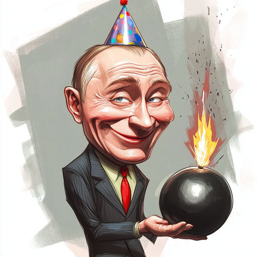 Caricature of Vladimir Putin in party with bomb in hand