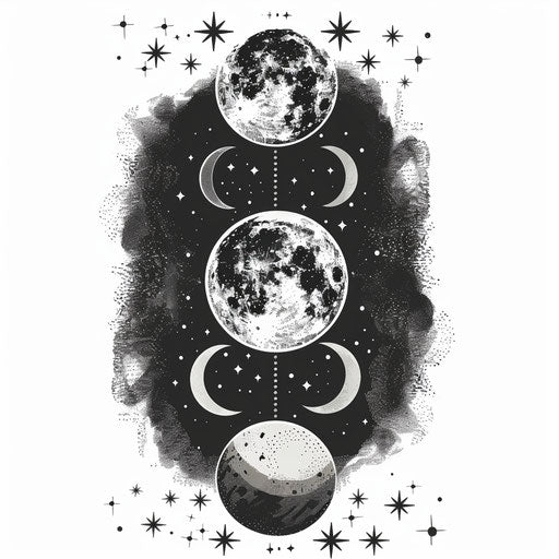 Celestial clipart style flat tattoo sketch of the moon phases in silver and black