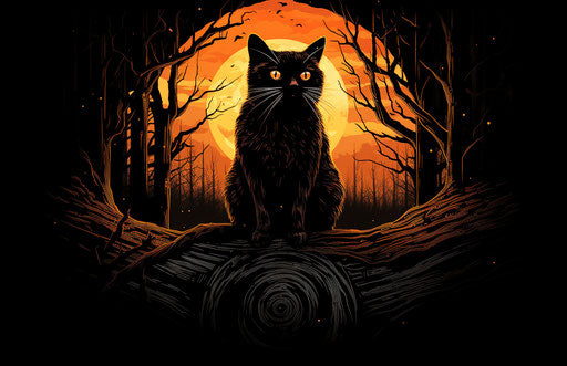 Black and orange cat sitting on stump, in the style of mystic symbolism