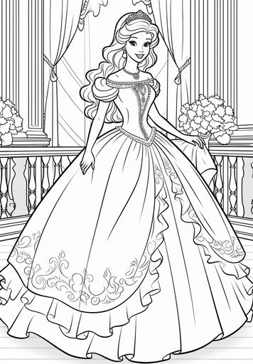 Princess dress coloring pages, in the style of barbiecore, captivating and glamorous