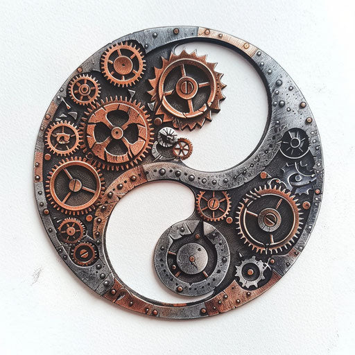Steampunk yin and yang tattoo design with gears and copper tones, showcased on a white background.