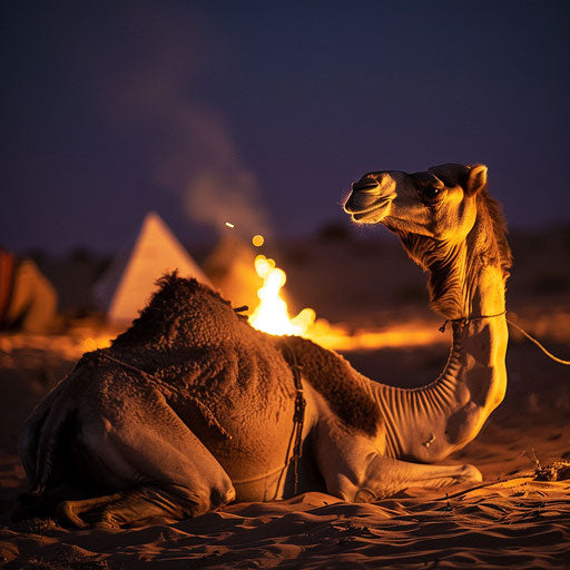 Camel in campfire glow, desert tradition alive