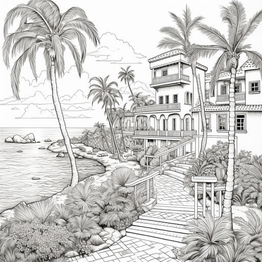 Coloring Page - Tropical Coast and Hyperrealistic Palm Trees