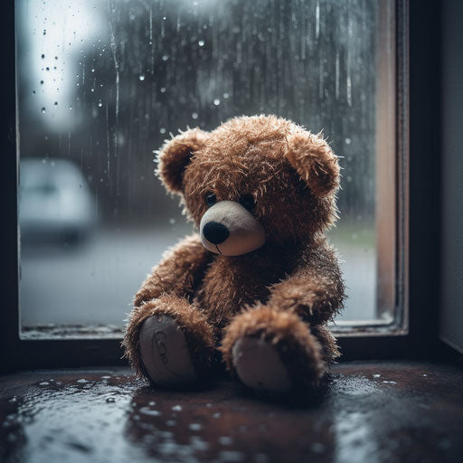 teddy bear by the window during the rain