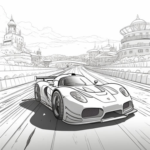 Racing car on coloring racing track, strong contrast