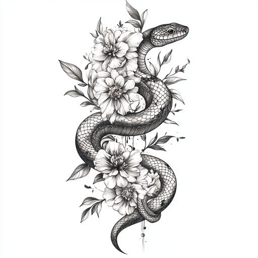 Clipart snake back tattoo with floral patterns, surrealistic