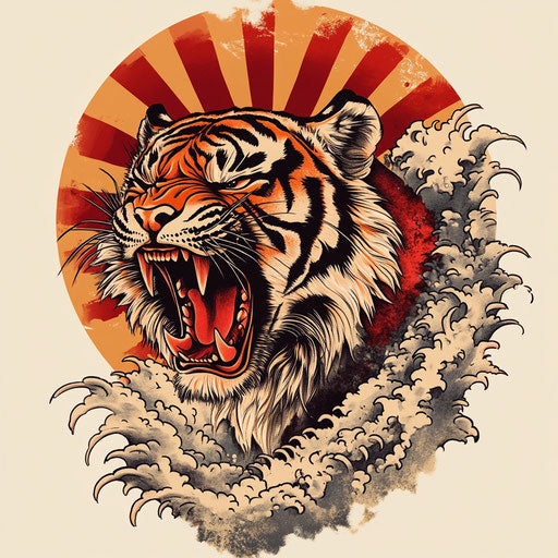 Japanese tiger tattoo with roaring tiger and rising sun