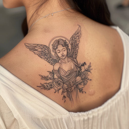 Guardian angel tattoo inspired by folklore, mythical symbols on white