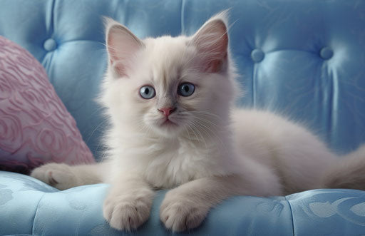 Kitten for sale, beige and aquamarine style, precisionist, soft femininity, energetic