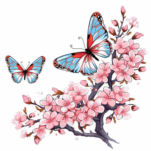 Pink cherry blossoms and butterfly on a branch