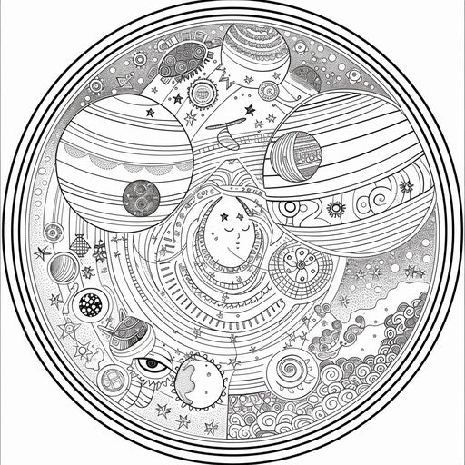 Whimsical circular design with doodles and symbols. Coloring book page
