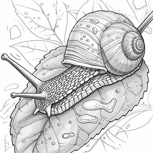 Snail on a leaf with morning dew