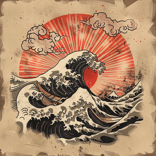 Classic tattoo sketch of a rising sun with traditional Japanese waves