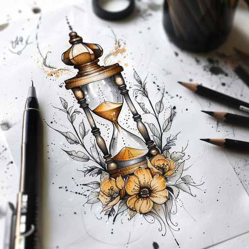 Clipart style tattoo sketch of a golden hourglass, simple and elegant