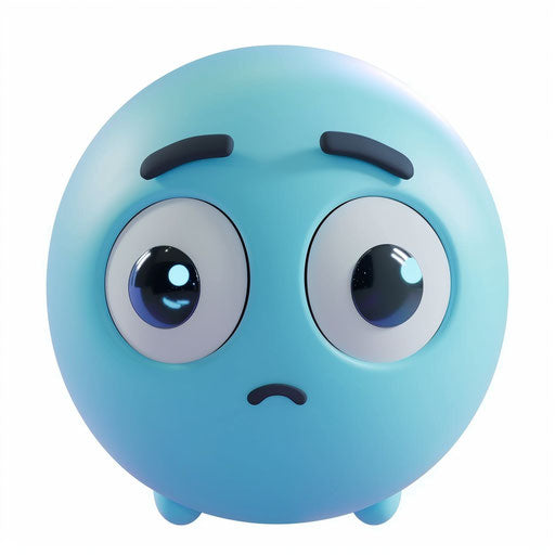 Cute sad emoticon in blue on white background, cartoon style