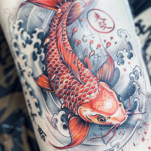 Japanese-inspired fire tattoo, koi fish with fiery scales