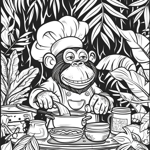Whimsical monkey chef cooking up a storm in the jungle