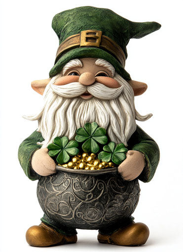 St. Patrick's Day gnome with pot of gold and shamrocks