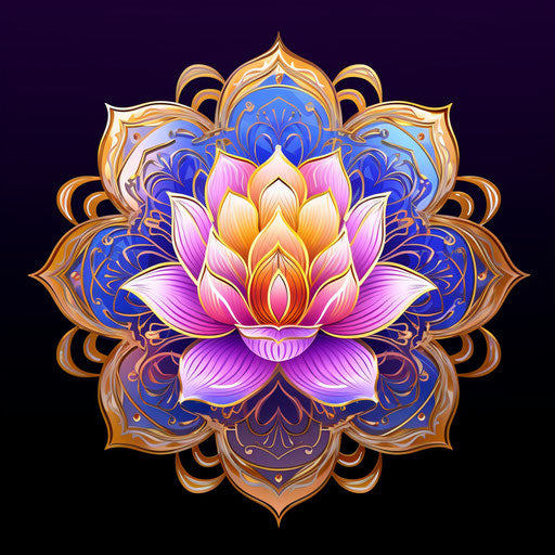 Hand-drawn blue lotus with an om at the center, pink and orange colors