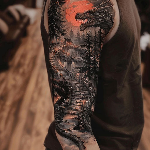 Epic mythological journey in half sleeve tattoo