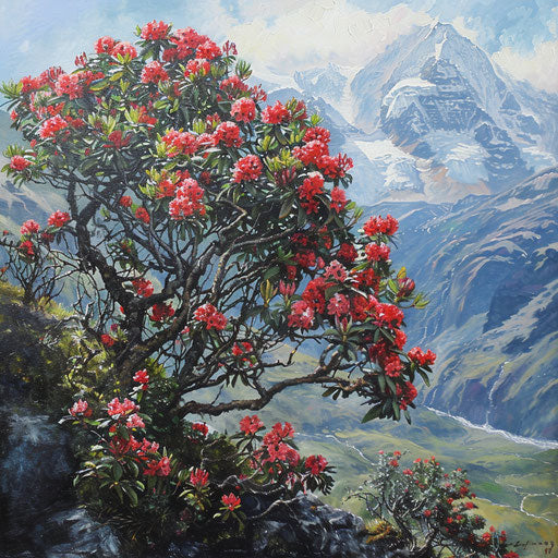 Rhododendron tree with red and pink flowers covering the Himalayan mountains