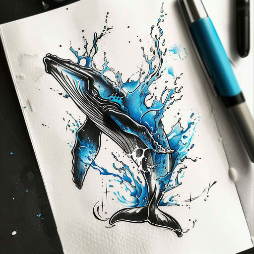 Dynamic sketch of a whale breach, with vivid blue splashing effects
