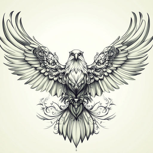 Flat tattoo sketch eagle chest flight Intricate white