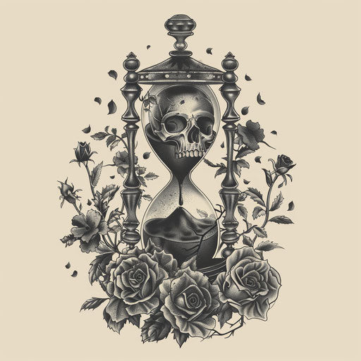 Medieval hourglass with skulls and dark roses