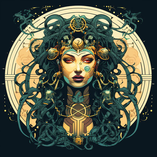 Black Aphrodite goddess, medusa face with snakes