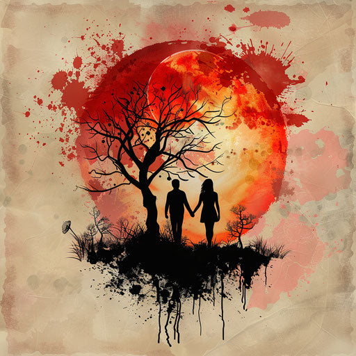 Romantic tattoo sketch of a sunset with silhouettes of couple holding hands, in clipart style