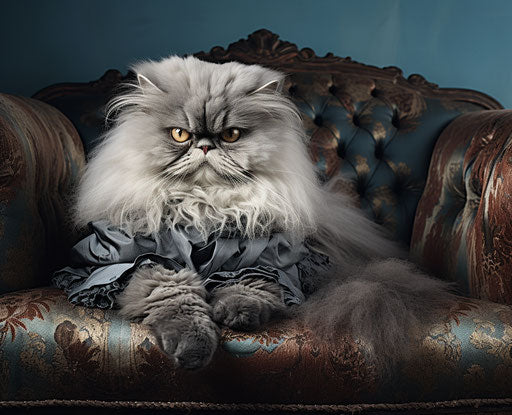Fluffy black Persian cat on a grey couch