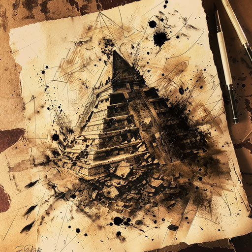 Dynamic tattoo sketch of a crumbling pyramid with action lines, earthy tones