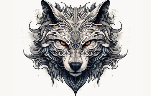 The wolf is adorned with tribal style, in the style of detailed shading