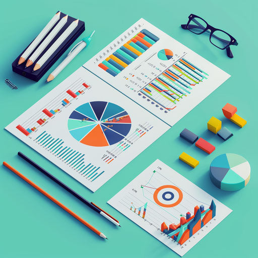 Realistic statistics clipart on flat turquoise background