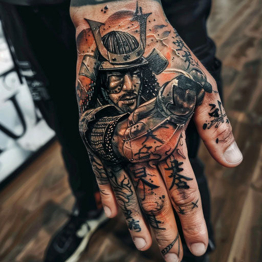 Hand tattoo of a samurai warrior, in the style of Adrian Smith
