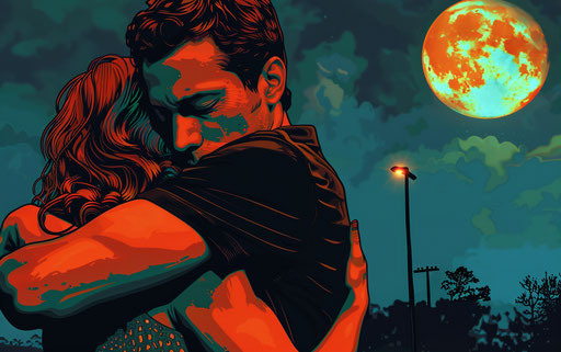 Man embracing woman emoctu, personal iconography, colorized, event