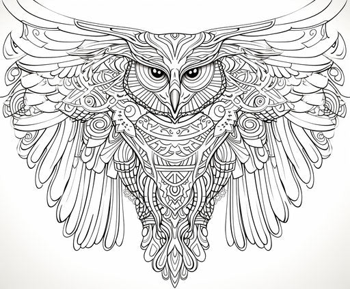 Owl in the wings for coloring - color and blackline illustration