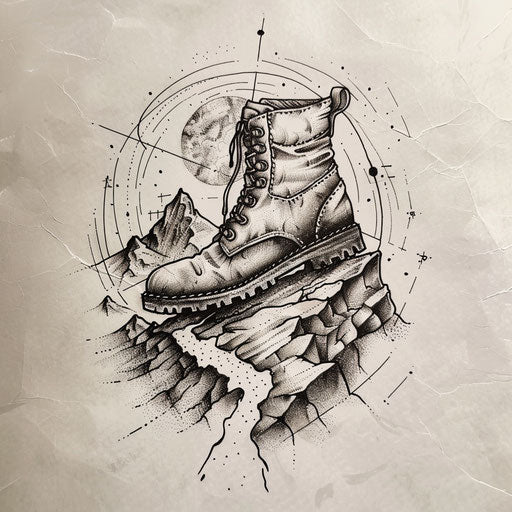 Flat bold tattoo sketch of a rugged boot stepping onto an uncharted path