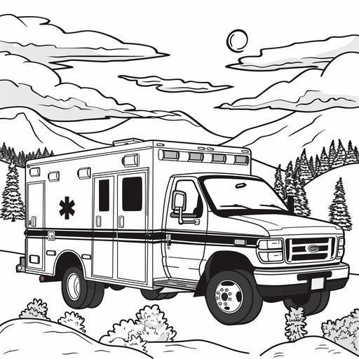 Bold outline ambulance with hills and trees landscape
