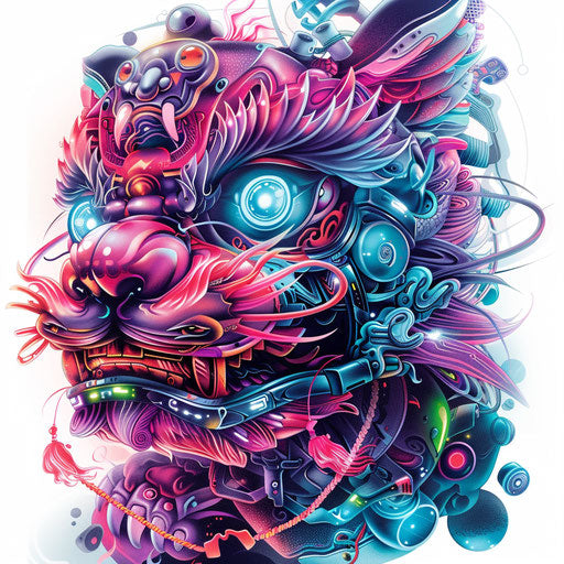 Futuristic foo dog tattoo with neon colors