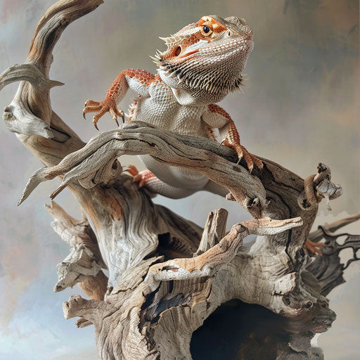 Bearded dragon perched on a gnarled branch, surveying with regal air